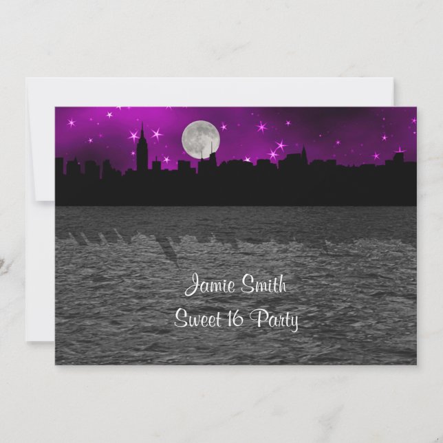 NYC Skyline Silhouette Moon Purple Sweet 16 Invitation (Front)