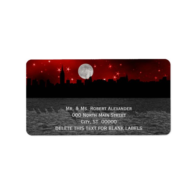 NYC Skyline Silhouette Moon Red H Address Labels (Front)