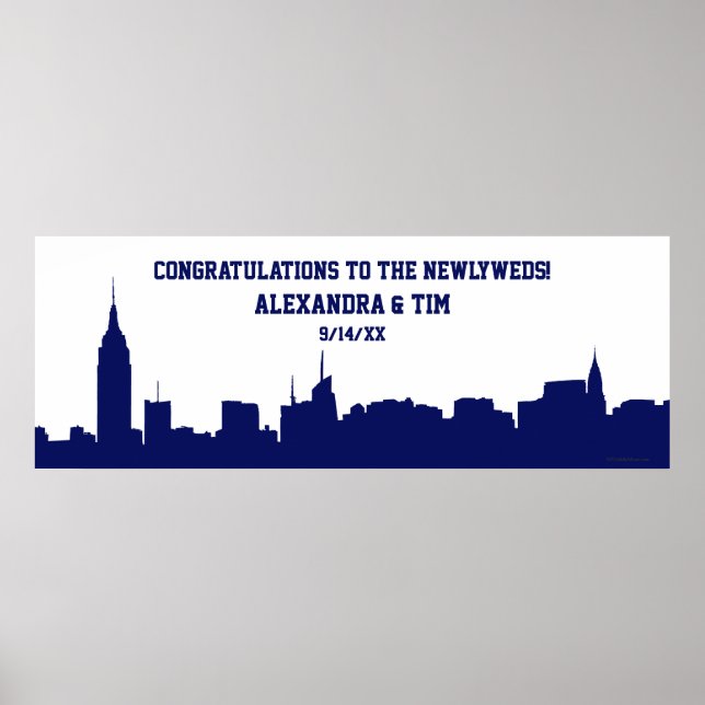 NYC Skyline Silhouette Wedding Party Banner Navy Poster (Front)