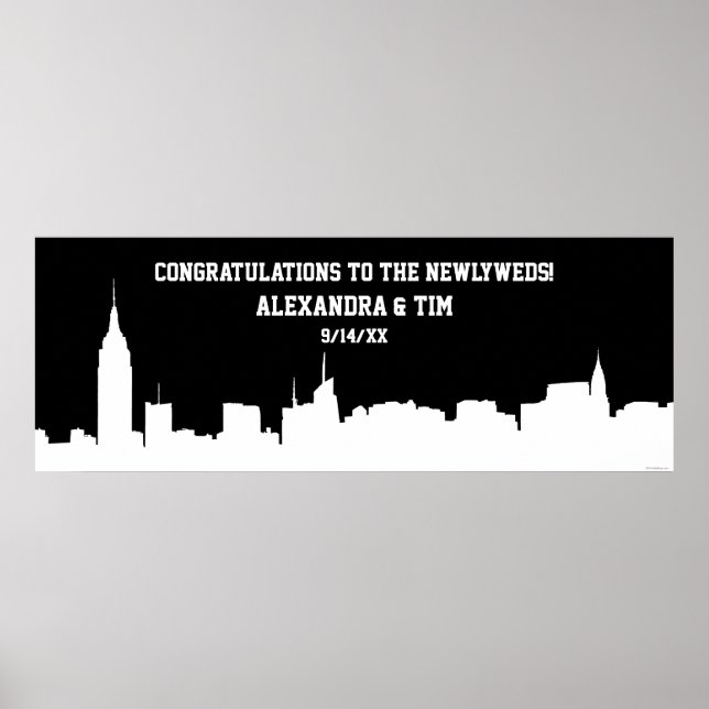 NYC Skyline Silhouette Wedding Party Banner Wht Poster (Front)