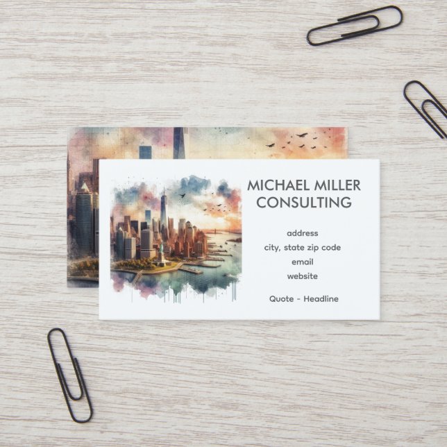 NYC Skyline Watercolor Consulting  Business Card (Front/Back In Situ)
