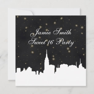 NYC Skyline Wht Silhouette Blk Gold Star Sweet 16 Invitation