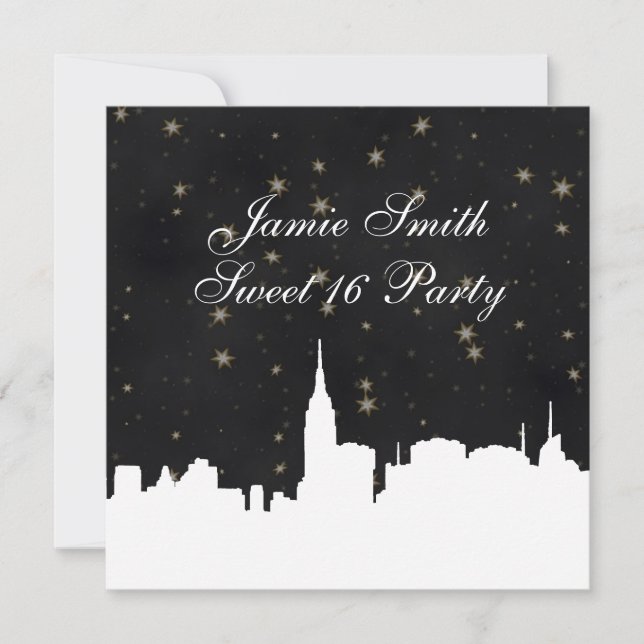 NYC Skyline Wht Silhouette Blk Gold Star Sweet 16 Invitation (Front)