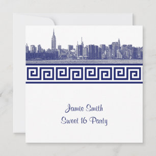 NYC Wide Skyline Etch BW GK Sweet Sixteen SQ Blue Invitation