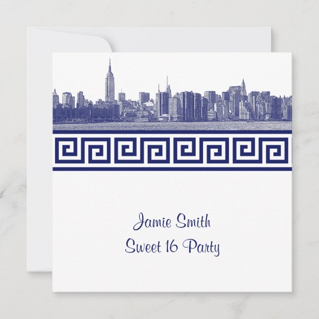 NYC Wide Skyline Etch BW GK Sweet Sixteen SQ Blue Invitation (Front)