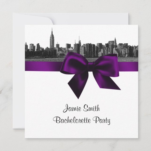 NYC Wide Skyline Etch BW Purple Bachelorette SQ Invitation (Front)