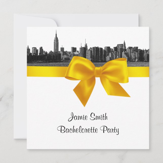 NYC Wide Skyline Etch BW Yellow Bachelorette SQ Invitation (Front)