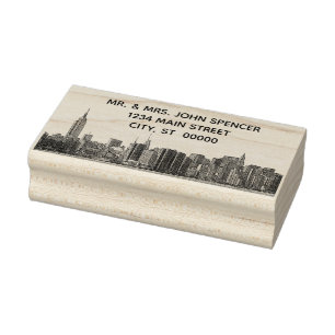 NYC Wide Skyline Etched BW Address Rubber Stamp