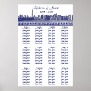 NYC Wide Skyline Etched BW Blue Greek Key S Poster