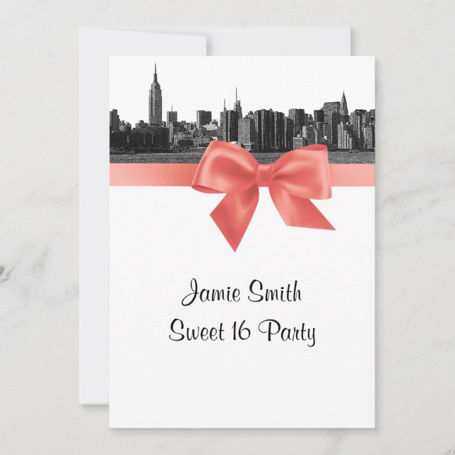 NYC Wide Skyline Etched BW Coral Sweet 16 Invitation (Front)