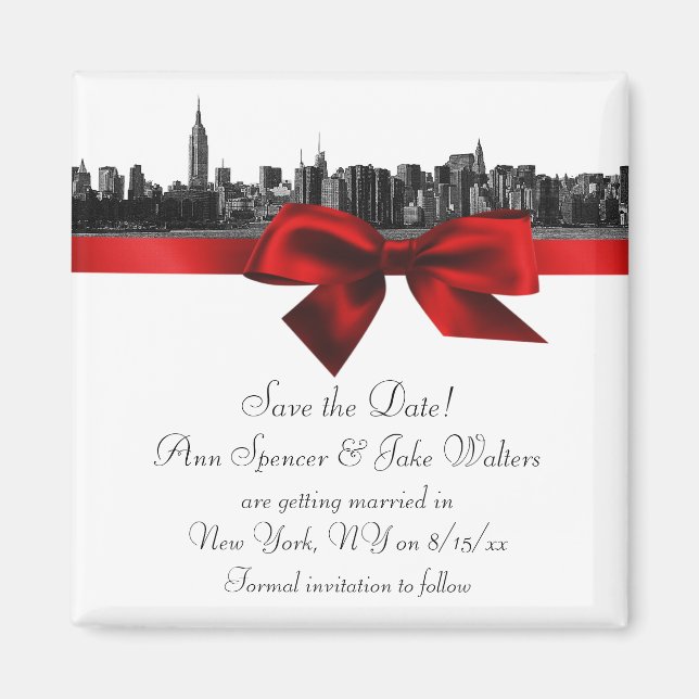 NYC Wide Skyline Etched BW Dark Red Save the Date Magnet (Front)
