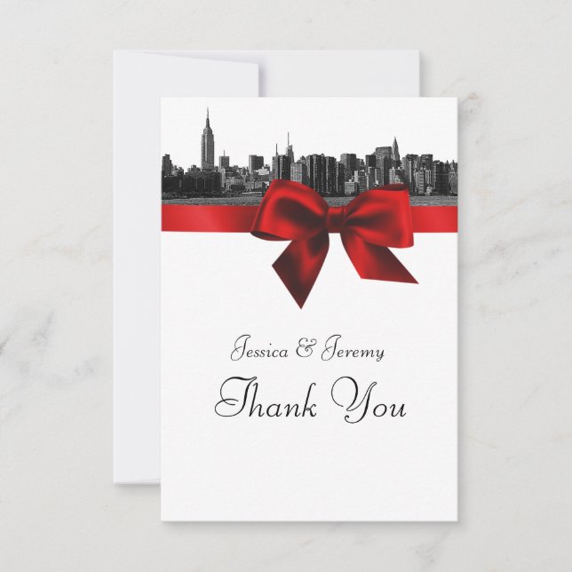 NYC Wide Skyline Etched BW Dark Red Thank You Card (Front)