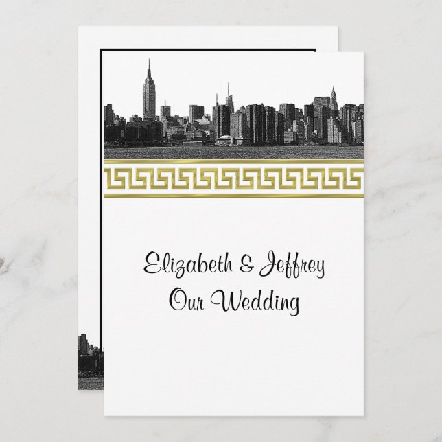 NYC Wide Skyline Etched BW Gold GK #5 Wedding Invitation (Front/Back)