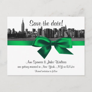 NYC Wide Skyline Etched BW Green Save the Date Announcement Postcard