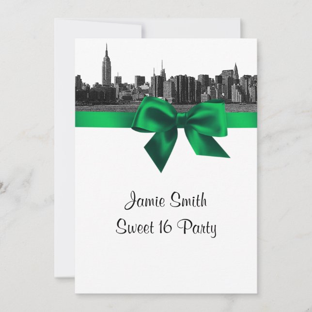 NYC Wide Skyline Etched BW Green Sweet Sixteen Invitation (Front)