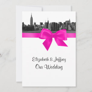 NYC Wide Skyline Etched BW Hot Pink Wedding Invitation