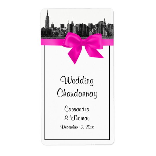 NYC Wide Skyline Etched BW Hot Pink Wine Label Shipping Label