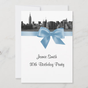 NYC Wide Skyline Etched BW Lt Blue Birthday Party Invitation