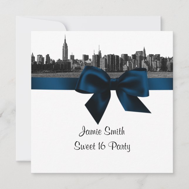 NYC Wide Skyline Etched BW Navy B Sweet Sixteen SQ Invitation (Front)