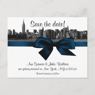 NYC Wide Skyline Etched BW Navy Blue Save the Date Announcement Postcard