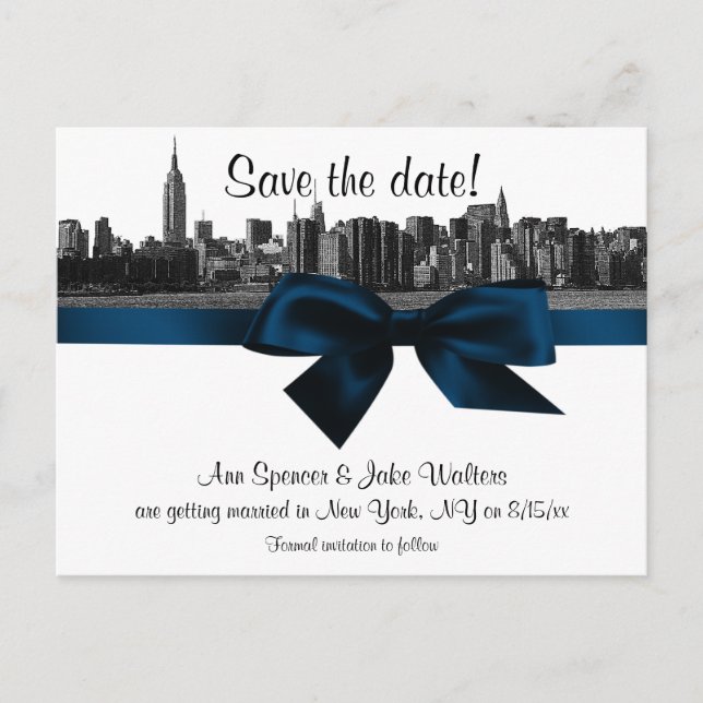 NYC Wide Skyline Etched BW Navy Blue Save the Date Announcement Postcard (Front)