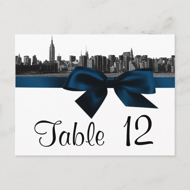 NYC Wide Skyline Etched BW Navy Blue Table Number Postcard (Front)