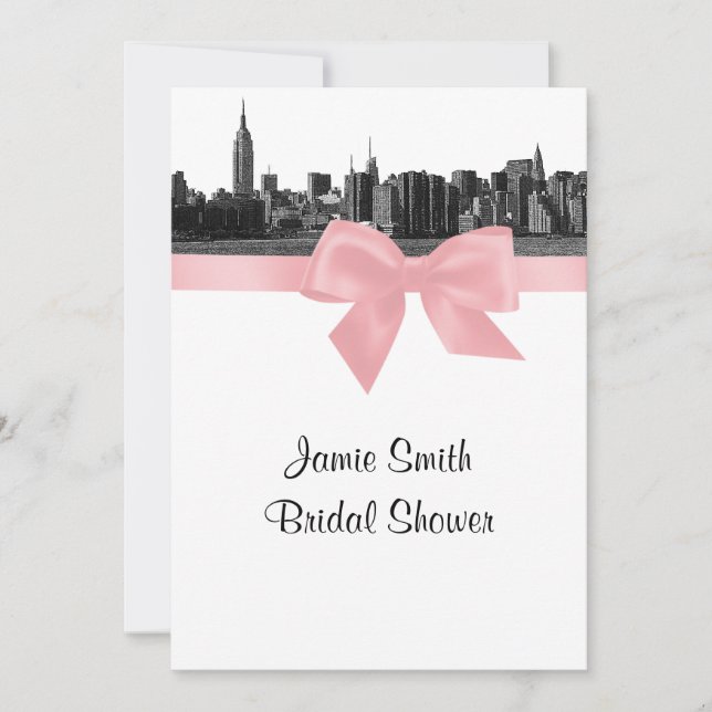 NYC Wide Skyline Etched BW Pink Bridal Shower Invitation (Front)