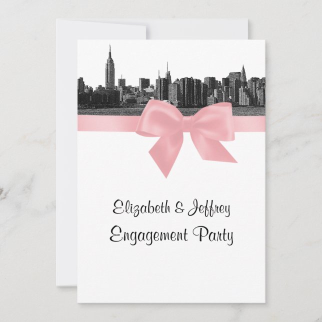 NYC Wide Skyline Etched BW Pink Engagement Party Invitation (Front)