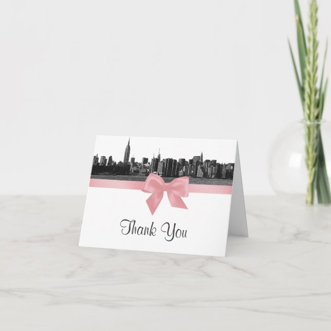 NYC Wide Skyline Etched BW Pink H Thank You Card (Front)