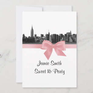 NYC Wide Skyline Etched BW Pink Sweet Sixteen Invitation