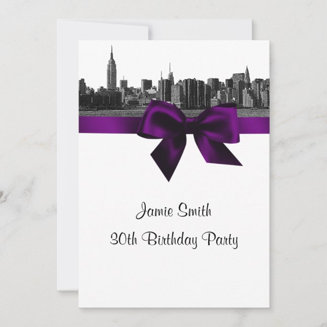 NYC Wide Skyline Etched BW Purple Birthday Party Invitation (Front)