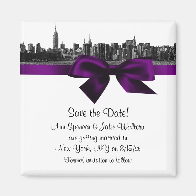 NYC Wide Skyline Etched BW Purple Save the Date Magnet (Front)