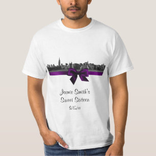 NYC Wide Skyline Etched BW Purple T-Shirt