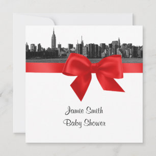 NYC Wide Skyline Etched BW Red Baby Shower SQ Invitation