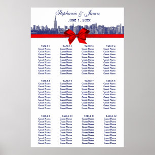 NYC Wide Skyline Etched BW Red Bow Blue Poster