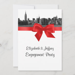 NYC Wide Skyline Etched BW Red Engagement Party Invitation