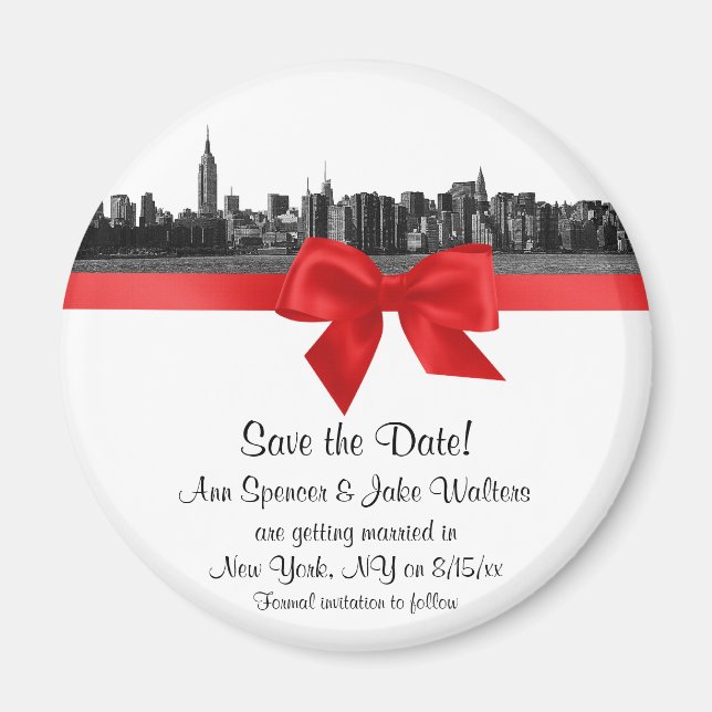 NYC Wide Skyline Etched BW Red Save the Date R Magnet (Front)