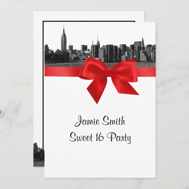 NYC Wide Skyline Etched BW Red Sweet Sixteen Invitation (Front/Back)