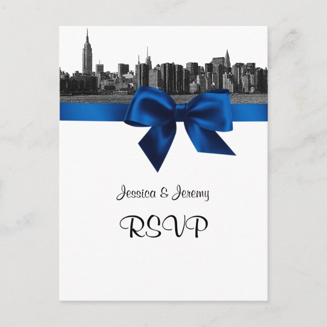 NYC Wide Skyline Etched BW Royal Blue RSVP 1 Invitation Postcard (Front)