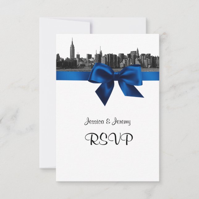 NYC Wide Skyline Etched BW Royal Blue RSVP #2 Card (Front)