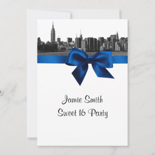 NYC Wide Skyline Etched BW Royal Blue Sweet 16 Invitation