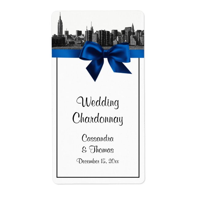 NYC Wide Skyline Etched BW Royal Blue Wine Label (Front)