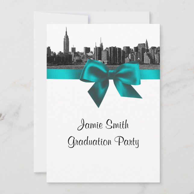 NYC Wide Skyline Etched BW Teal Graduation Invitation (Front)