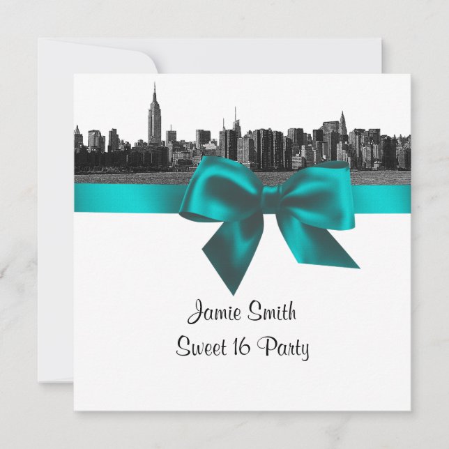 NYC Wide Skyline Etched BW Teal Sweet Sixteen SQ Invitation (Front)