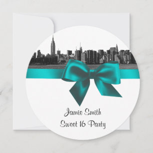 NYC Wide Skyline Etched BW Teal Sweet Sixteen SQ Invitation