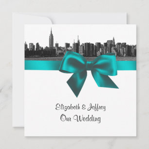 NYC Wide Skyline Etched BW Teal  Wedding SQ Invitation