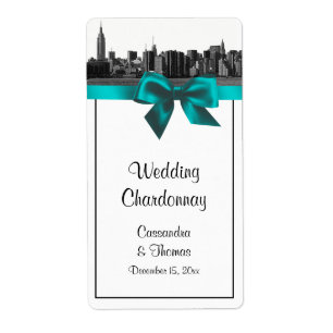 NYC Wide Skyline Etched BW Teal Wine Label