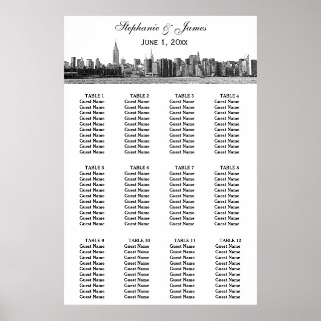 NYC Wide Skyline Etched BW Wedding Poster (Front)