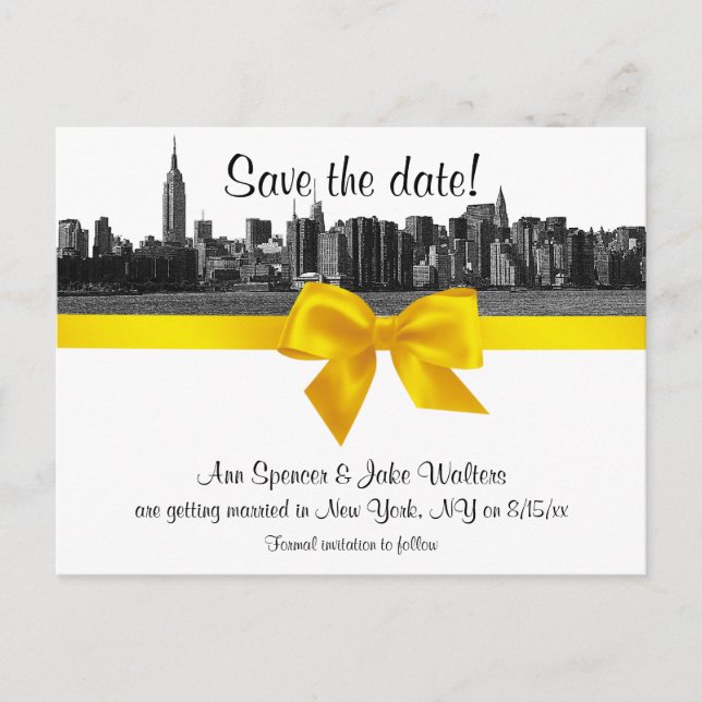 NYC Wide Skyline Etched BW Yellow Save the Date Announcement Postcard (Front)