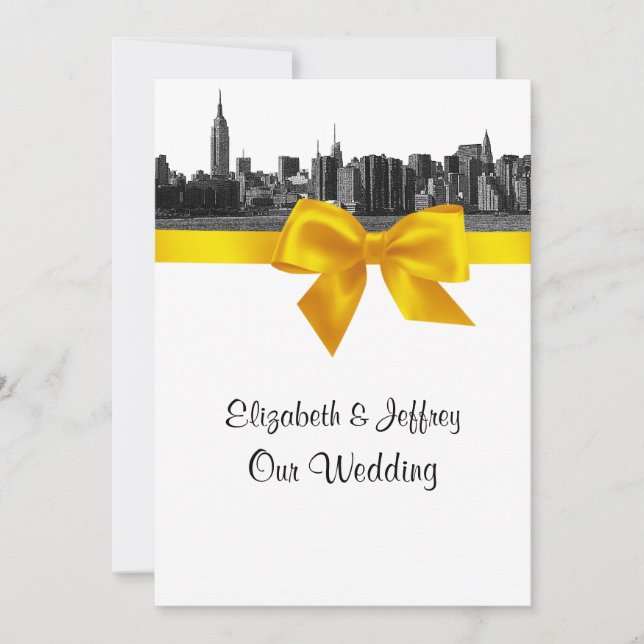 NYC Wide Skyline Etched BW Yellow Wedding Invitation (Front)